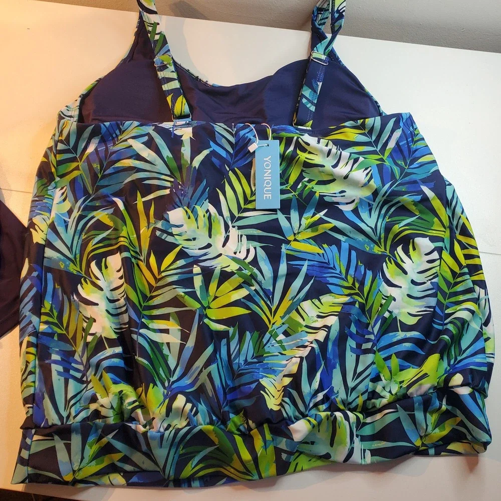 Yonique Tropical Palm Tankini Set Blue Green Swim Skirt Two Piece NWT